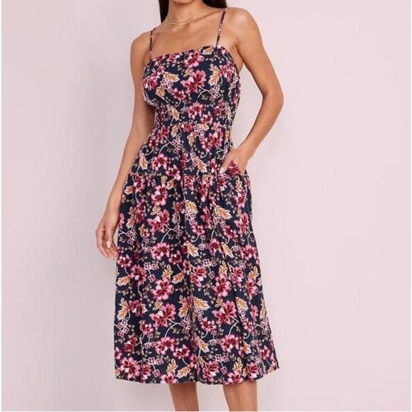 Boho Bloomcore Dress Women Small Navy Linen Blend Sundress Tiered Midi Pockets - Picture 1 of 15